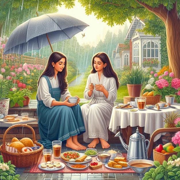 a painting of two women sitting under an umbrella in the rain