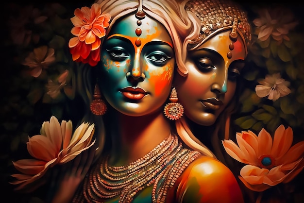 A painting of two women with the face painted in different colors.