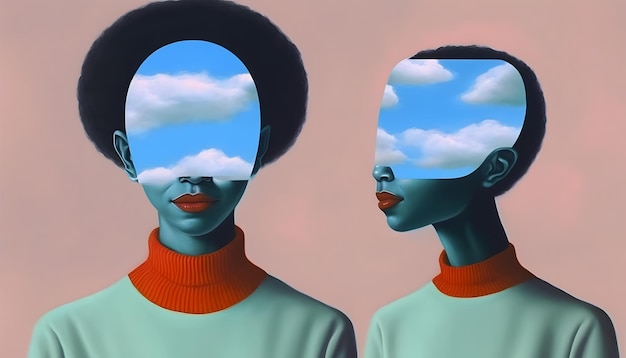 A painting of two women with the sky in the background