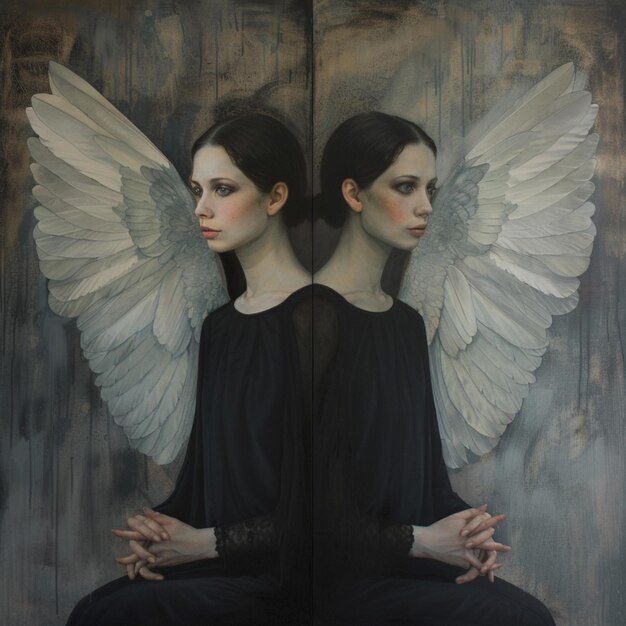 Photo painting of two women with white wings on a wooden background generative ai