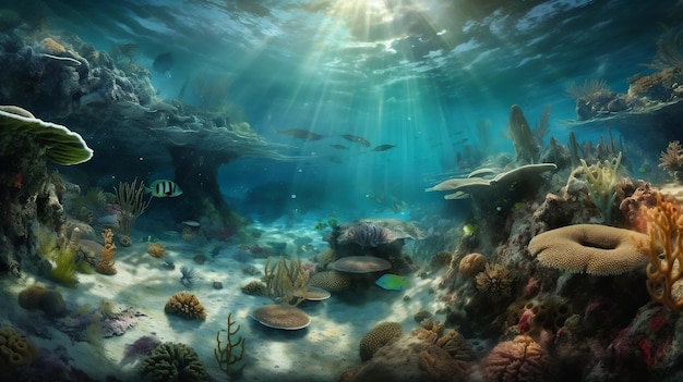 A painting of a underwater scene with a fish swimming in the water wallpaper ai generated