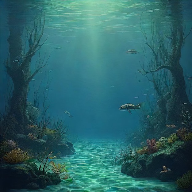 a painting of a underwater scene with fish swimming under the water