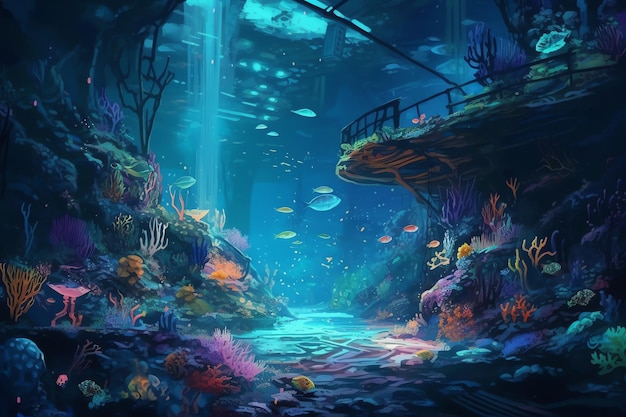 A painting of a underwater world with a bridge and fish.