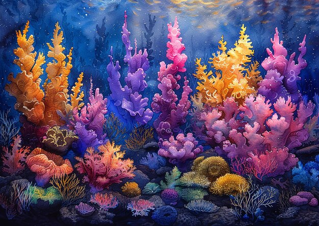 a painting of an underwater world with corals and sponges