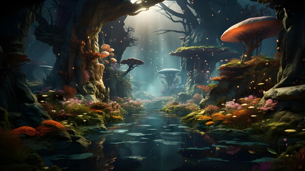 a painting of a underwater world with fish and corals