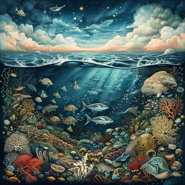 Photo a painting of a underwater world with a fish swimming in it