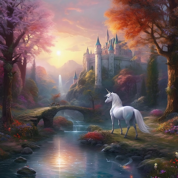 A painting of a unicorn in a forest with a castle in the background.