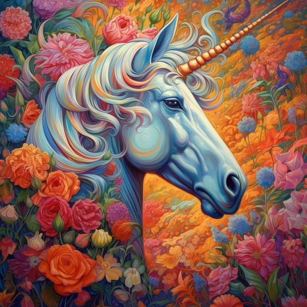 Painting of a unicorn with a golden horn and a flowered mane generative ai