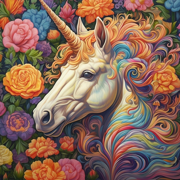 Painting of a unicorn with a long mane and colorful mane generative ai