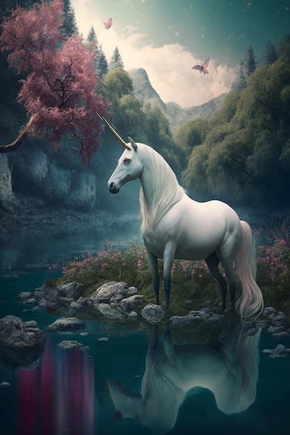 A painting of a unicorn with a moon in the background