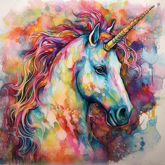 A painting of a unicorn with a rainbow mane.