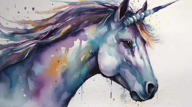 A painting of a unicorn with a rainbow mane.