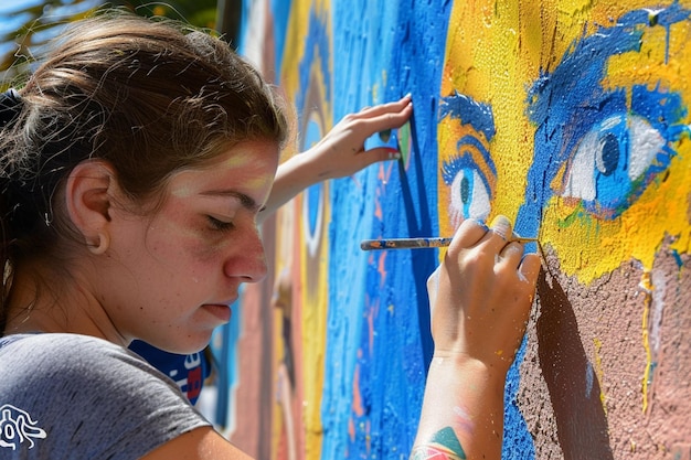 Painting Uruguays flag on a community mural to cel generative ai