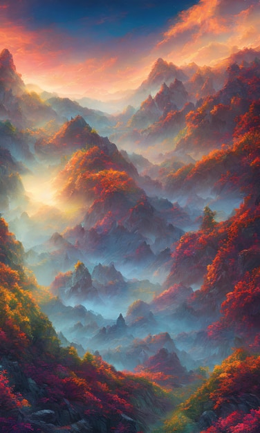 A painting of a valley with a colorful sky and the sun shining through the clouds.