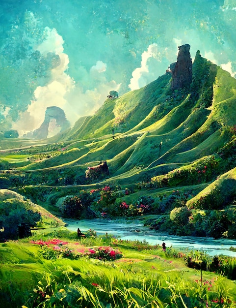 Painting of a valley with a mountain in the background generative ai