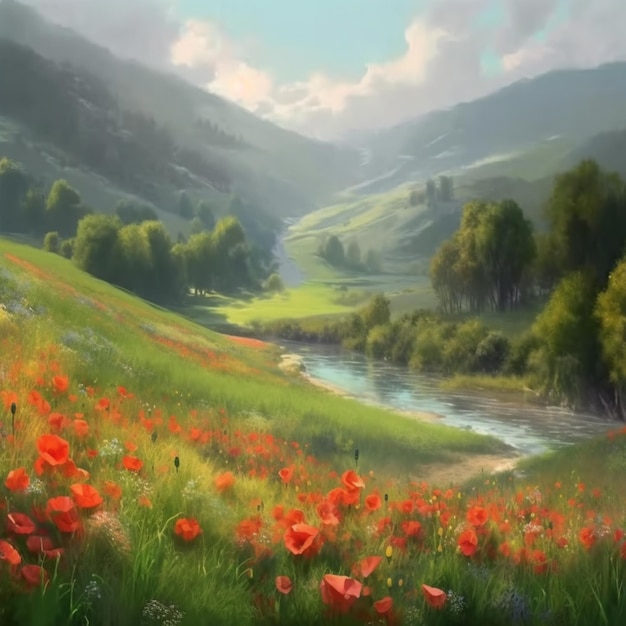 painting of a valley with a river and a field of poppies generative ai