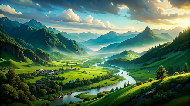 a painting of a valley with a river and mountains in the background