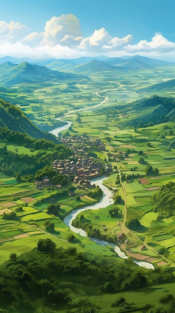 A painting of a valley with a river running through it.