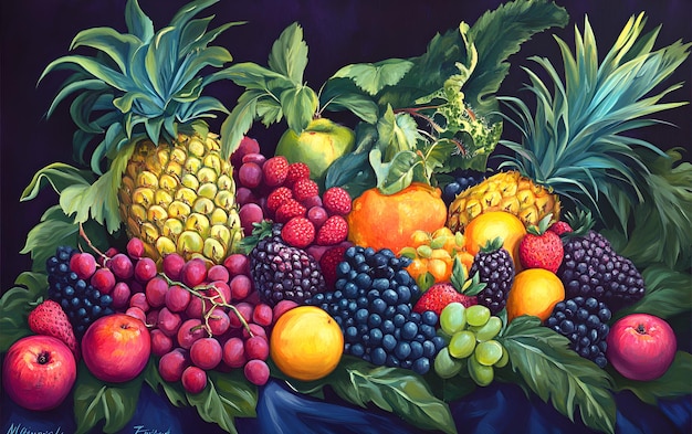 Photo a painting of a variety of fruits including raspberries raspberries and other fruits