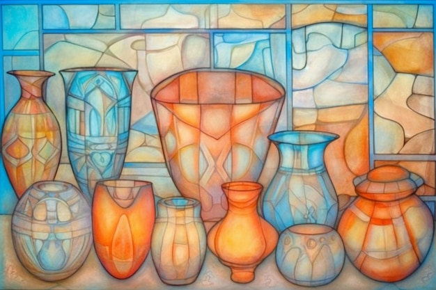 A painting of a variety of vases and vases with a blue background.