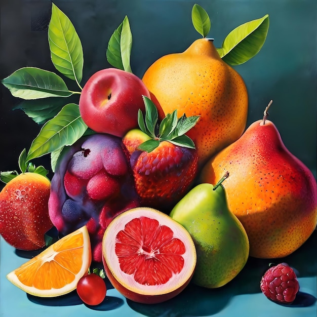 Photo a painting of various fruits including one that has the word fruit on it