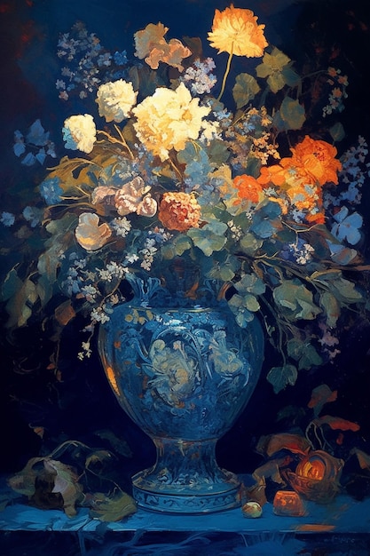 A painting of a vase of flowers is shown with a blue background.