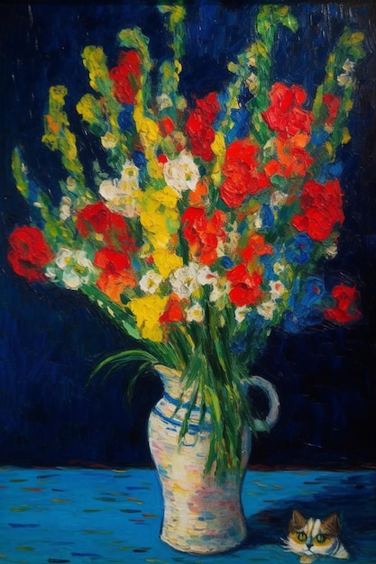 A painting of a vase of flowers with a blue background.