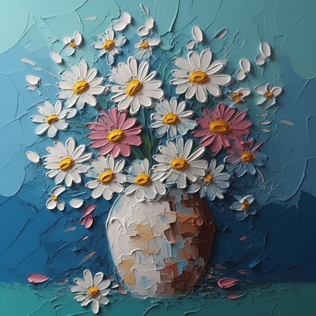 A painting of a vase of flowers with a blue background.