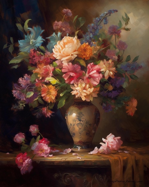 A painting of a vase of flowers with a blue and pink label.