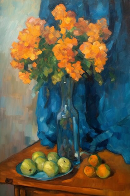 A painting of a vase of flowers with a bunch of green apples on the table.