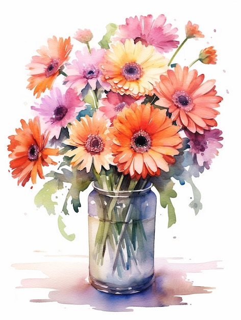 A painting of a vase of flowers with a colorful background