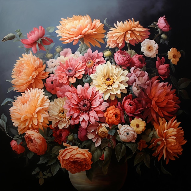 painting of a vase of flowers with a dark background generative ai