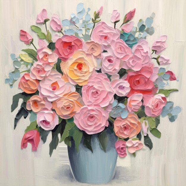 A painting of a vase of flowers with a green leaf on it.