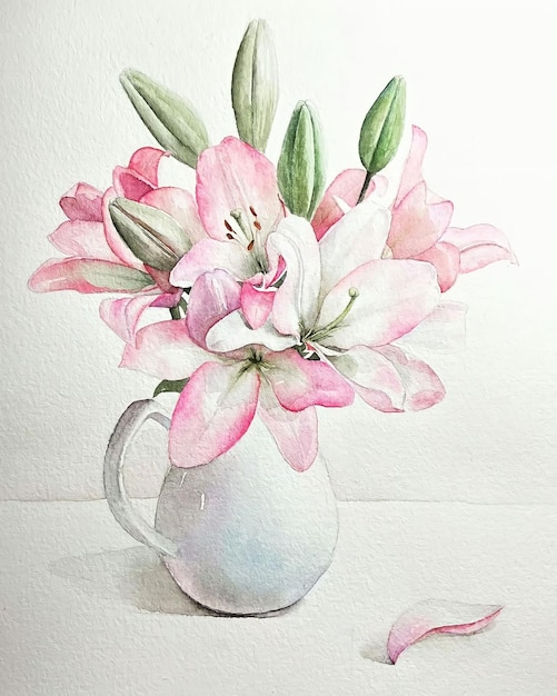 A painting of a vase of flowers with pink flowers