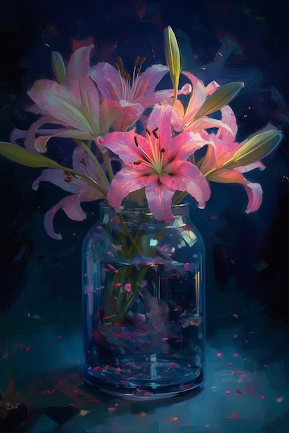 A painting of a vase of flowers with a pink lily in it.