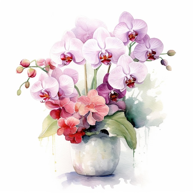 A painting of a vase of flowers with pink and purple flowers.