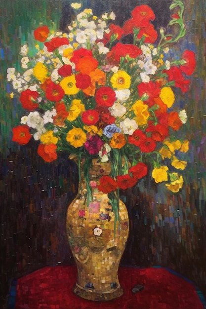 A painting of a vase of flowers with the word " flowers " on it.