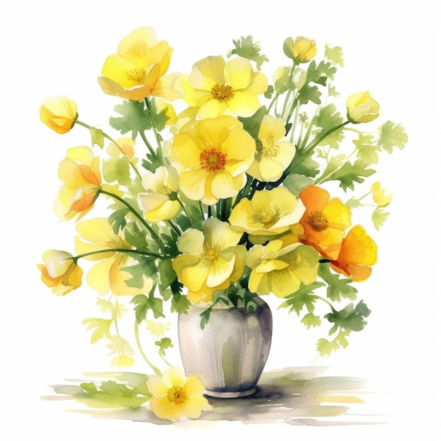 A painting of a vase of flowers with yellow flowers