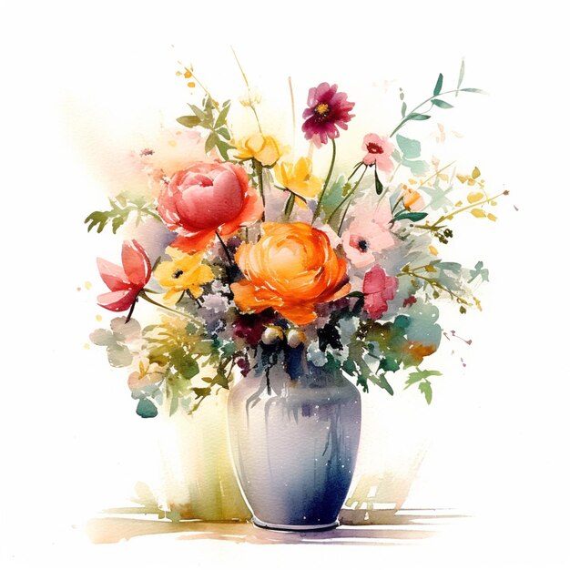 A painting of a vase of flowers with a yellow, orange, and pink flower.