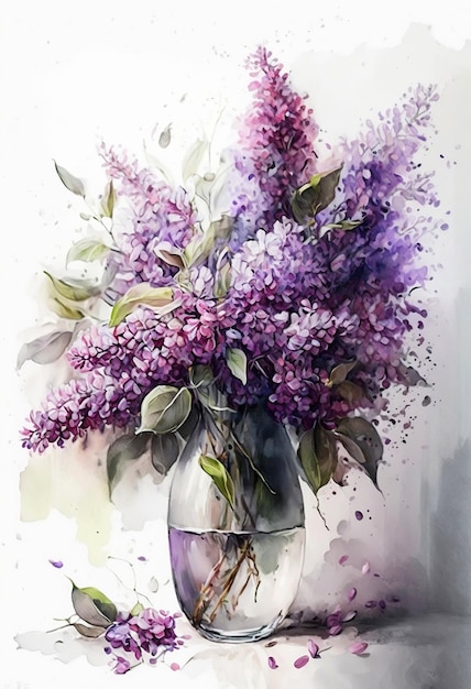 A painting of a vase of purple lilacs.