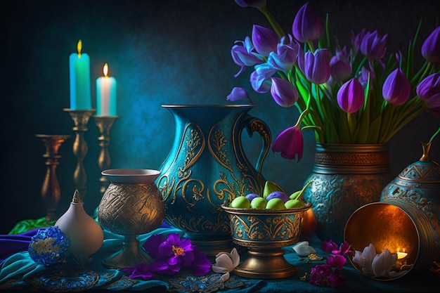 A painting of a vase of tulips and a candle