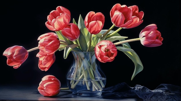 a painting of a vase of tulips with a black background.