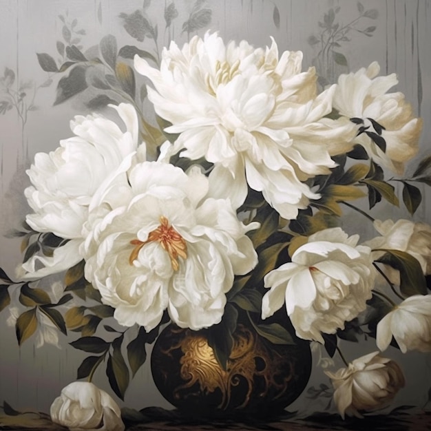 Painting of a vase of white flowers on a table generative ai