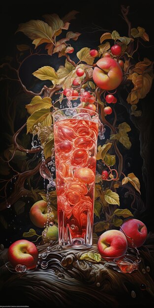 a painting of a vase with apples and leaves