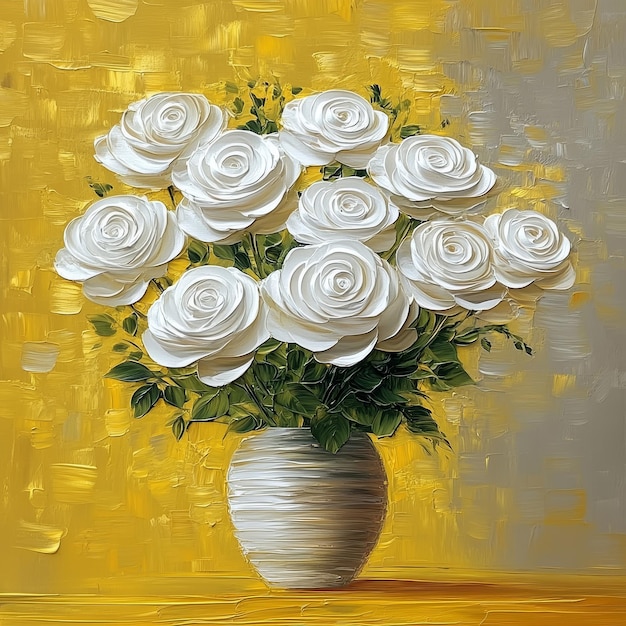 a painting of a vase with a bouquet of white roses