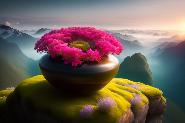 A painting of a vase with flowers on a cliff