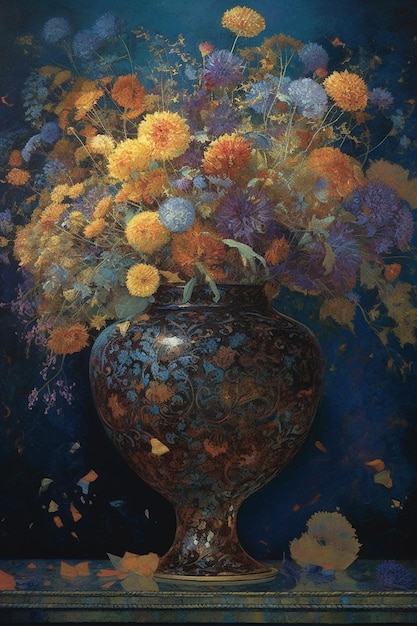 A painting of a vase with flowers in it