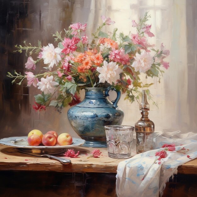 a painting of a vase with flowers and a plate of fruit on a table