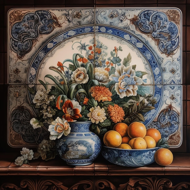 A painting of a vase with oranges and a blue vase with flowers in it.