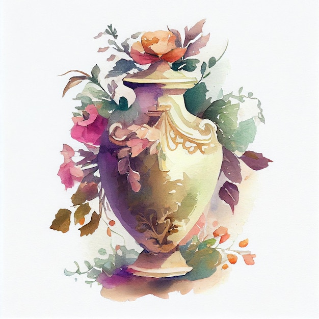 A painting of a vase with a rose on it.